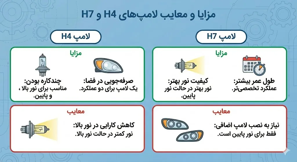 مزایا و معایب لامپهای H4 و H7 مزایا و معایب لامپهای H4 و H7