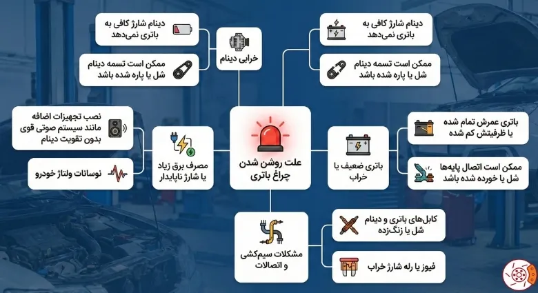 علت روشن شدن چراغ باتری علت روشن شدن چراغ باتری