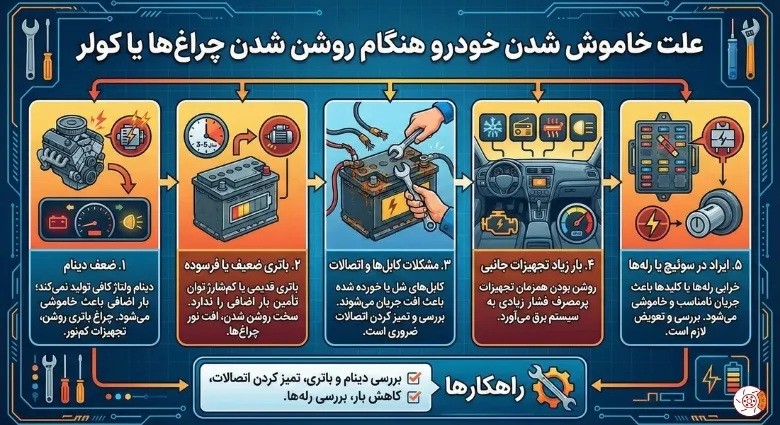 علت خاموش شدن خودرو هنگام روشن شدن چراغها یا کولر علت خاموش شدن خودرو هنگام روشن شدن چراغها یا کولر