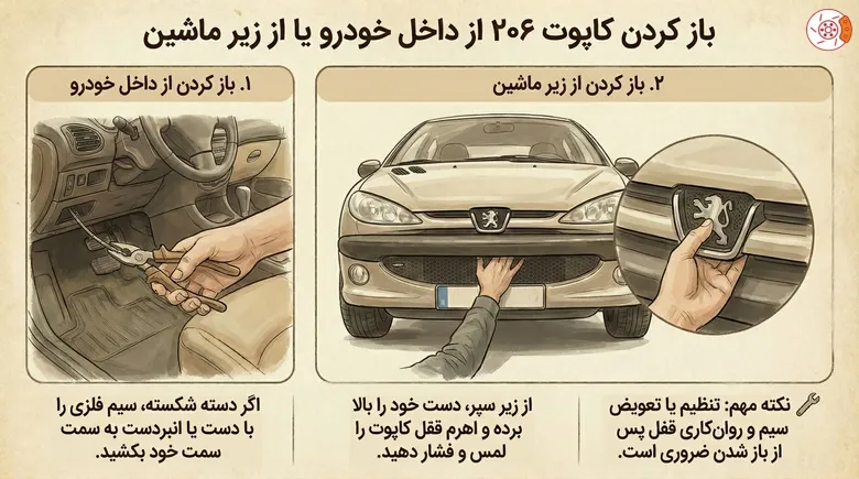 باز کردن کاپوت 206 از داخل خودرو یا از زیر ماشین