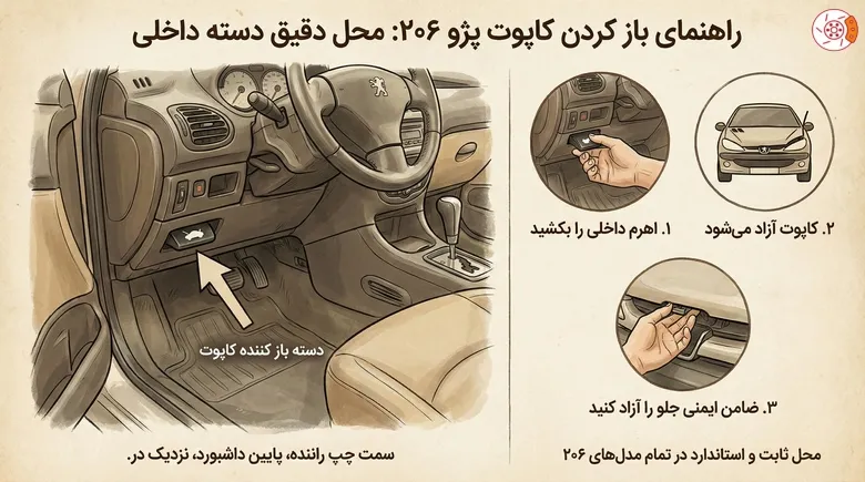 محل دقیق دسته باز کردن کاپوت 206