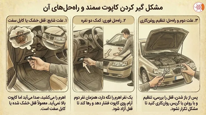 مشکل گیر کردن کاپوت سمند و راه‌حل آن