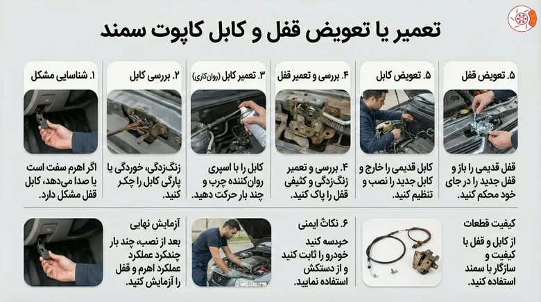 تعمیر یا تعویض قفل و کابل کاپوت سمند