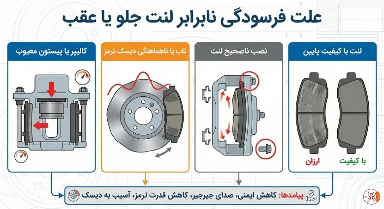 علت فرسودگی نابرابر لنت جلو یا عقب