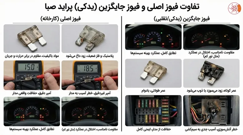 تفاوت فیوز اصلی و فیوز جایگزین (یدکی) پراید صبا تفاوت فیوز اصلی و فیوز جایگزین (یدکی) پراید صبا