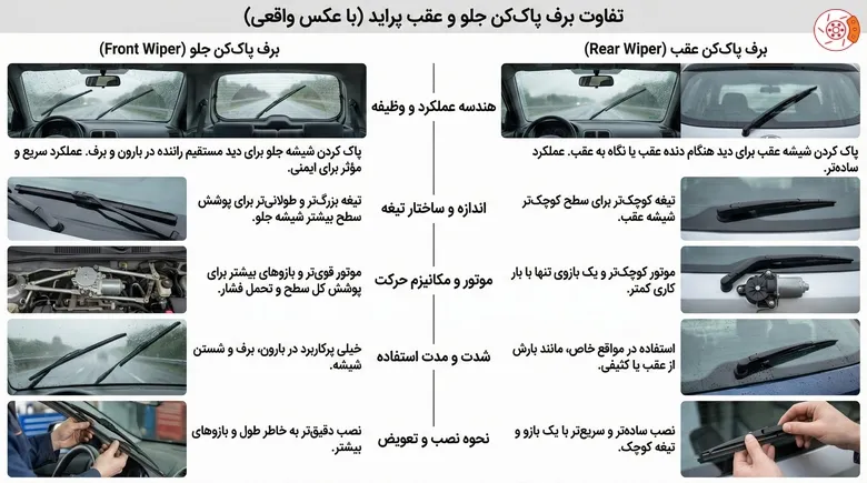 تفاوت برف پاک‌کن جلو و عقب پراید