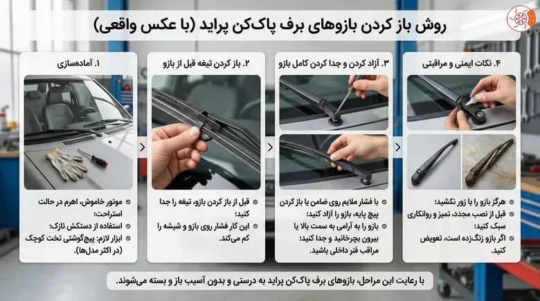 روش باز کردن بازوهای برف پاک‌کن پراید
