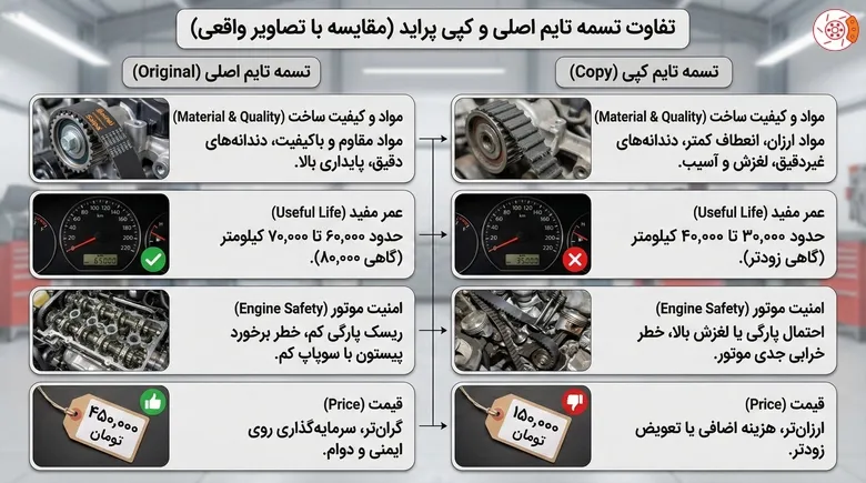 تفاوت تسمه تایم اصلی و کپی پراید