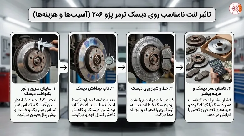 تاثیر لنت نامناسب روی دیسک ترمز ۲۰۶