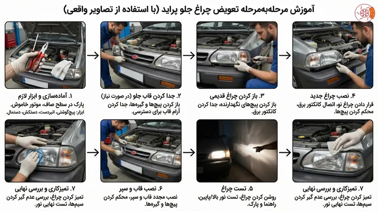 آموزش مرحله‌به‌مرحله تعویض چراغ جلو پراید