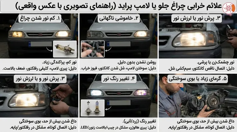 علائم خرابی چراغ جلو یا لامپ پراید