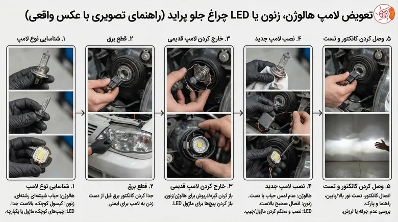 تعویض لامپ هالوژن، زنون یا LED چراغ جلو پراید